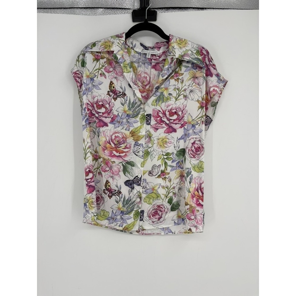 Maison d'Amélie Blouse Women S White Floral Butterfly Button Down Cap Sleeve Top